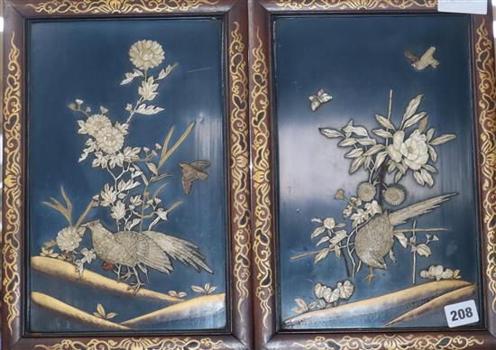 A pair of Japanese shibayama plaques with birds and insects overall 37 x 25cm